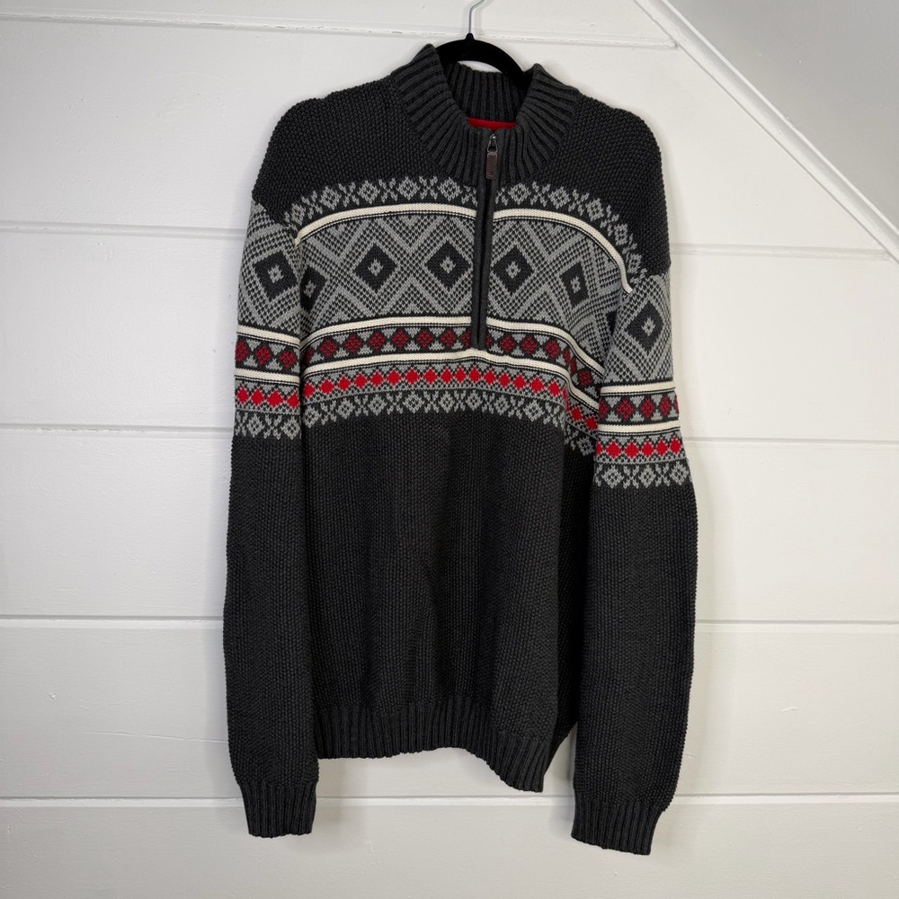 IZOD XXL Fair Isle 1/4 Zip Sweater Gray Red Cotton‎ Blend Knit